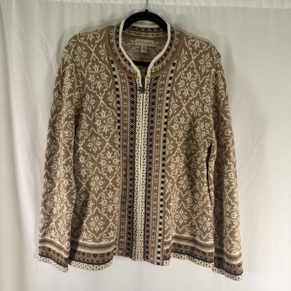 Appleseeds Sweater Women's XL Brown Knit Full Zip Snowflake Wool Blend